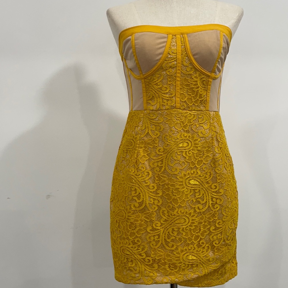Prettylittlething yellow lace strapless dress
